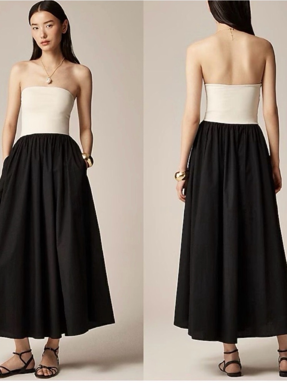 J. Crew Strapless Mixy Dress— Two-Tone Maxi Dress in Cream & Black